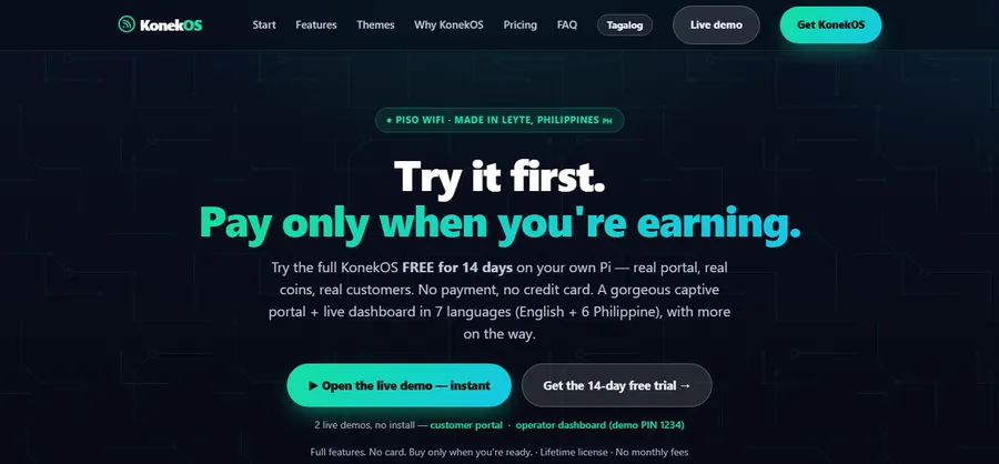 KonekOS website - a commercial operating system for piso-wifi operators